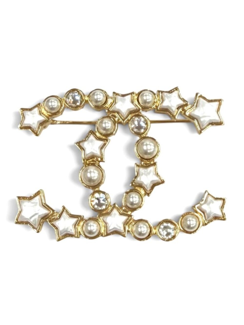 Chanel CC Logo Rhinestone Eco Pearl Star Brooch White Gold